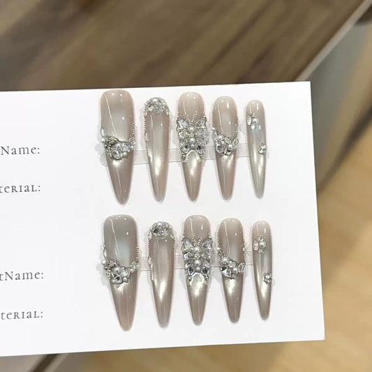 Zircon grey cat eye press-on nails